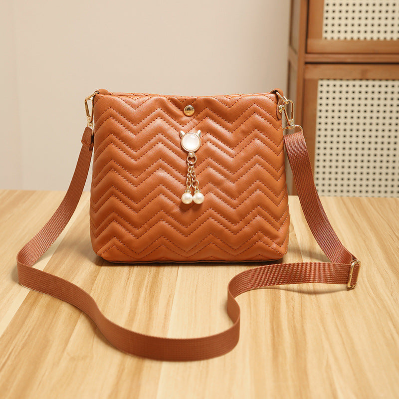 Chic Chevron Quilted Crossbody Bag with Cat Pearl Charm and Magnetic Closure for Daily Fashion