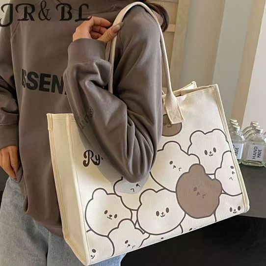 Cartoon Bear Canvas Bag for Women New Fashion Commuter Bag Large Capacity Student Shoulder Tote Bag