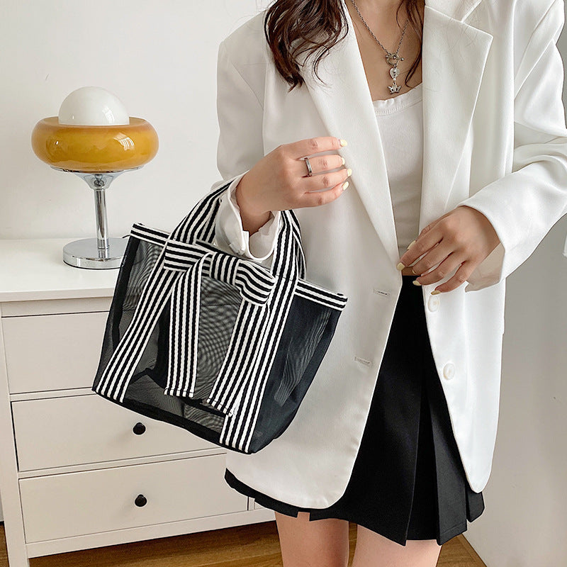 Storage Bag Daily Striped Mesh Bow Design Lightweight Breathable Handbag
