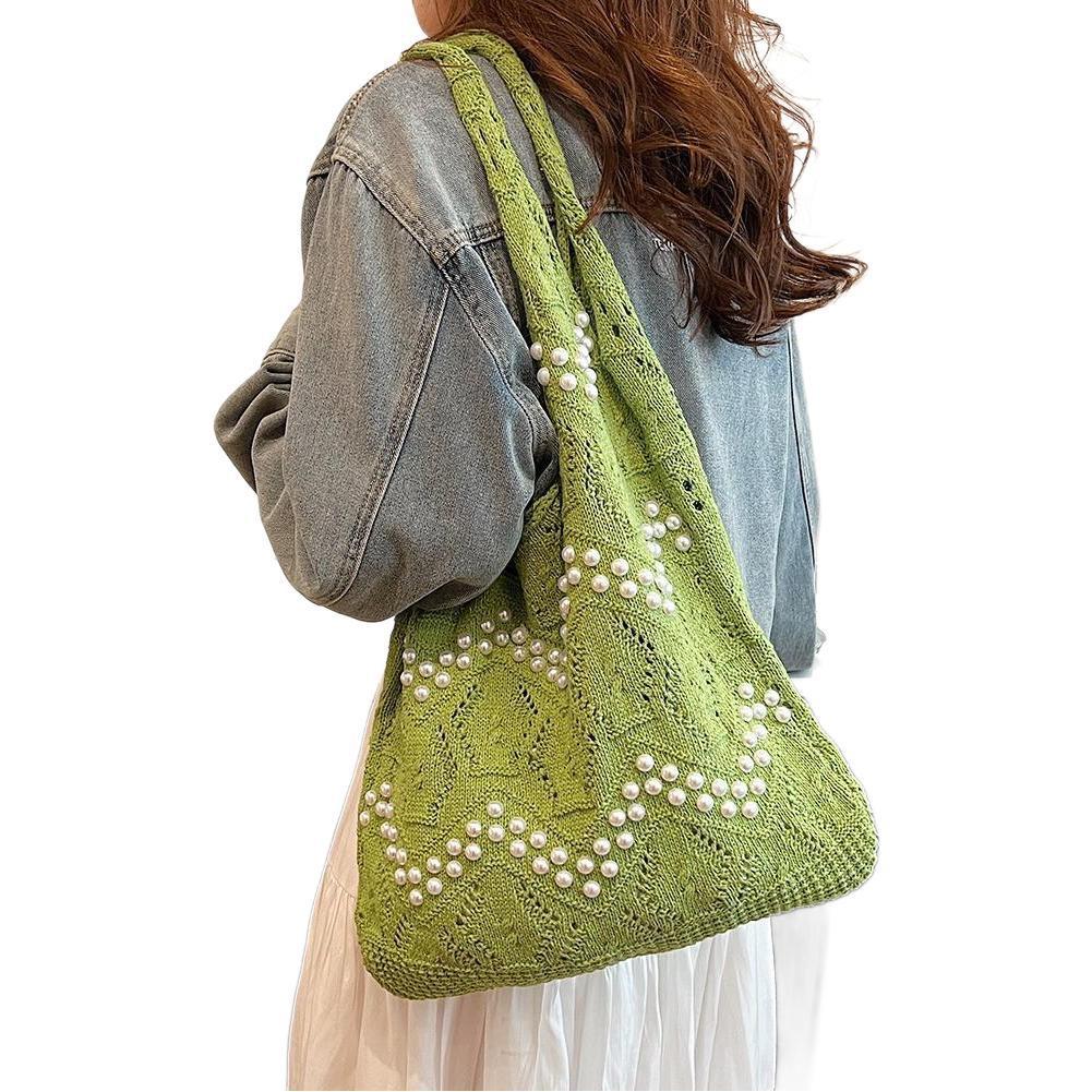 Casual Simple Knitted Bag Women's New Large Capacity Commuter Shoulder Fashion Pearl Tote Bag