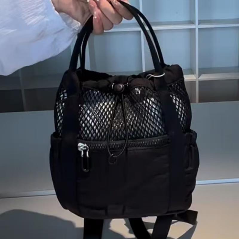 Chic Mesh Drawstring Tote Backpack for Women - Breathable Casual Style with Zippered Pocket and Adjustable Straps