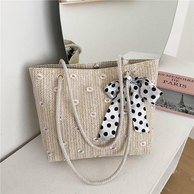 New Straw Woven Bag Women's Summer Fresh Simple Flower Woven Fashion Shoulder Tote Bag
