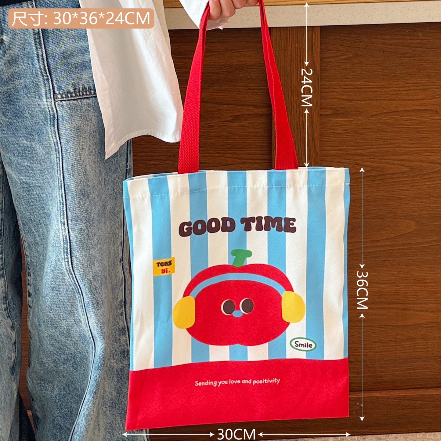 Cute Cartoon Canvas Bag Apple Kitten Canvas Bag Female Student Tuition Bag Handbag Double-Sided Cloth Bag