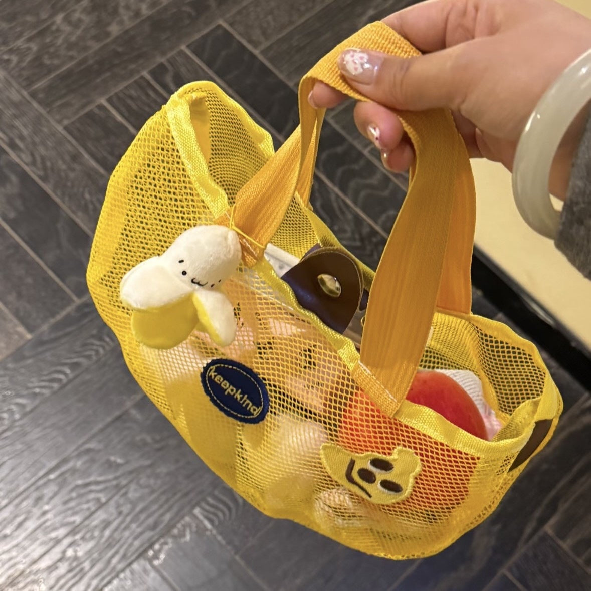 Cute Mesh Tote Bag with Embroidered Fruit Design, Perfect for Summer Beach and Daily Use