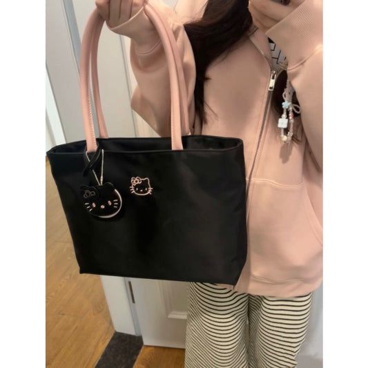Cute Kitty Embroidered Tote Bag for Women, Large Capacity Soft Nylon Shoulder Handbag with Magnetic Closure and Inner Pockets