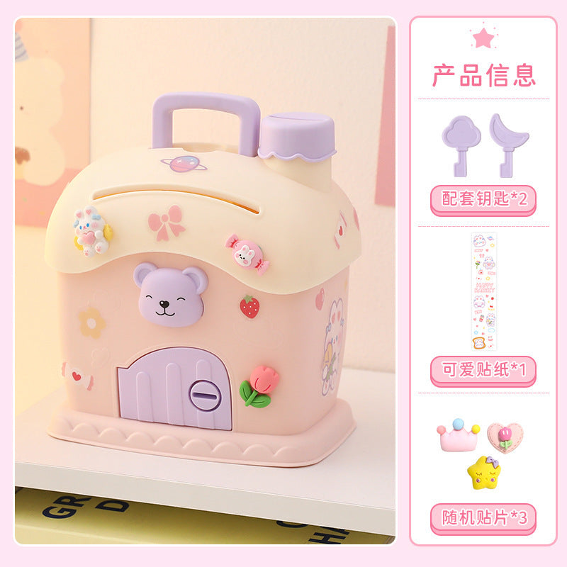 Cute Cartoon Bear House Money Bank with Key and Stickers for Kids - Creative Piggy Bank for Boys and Girls