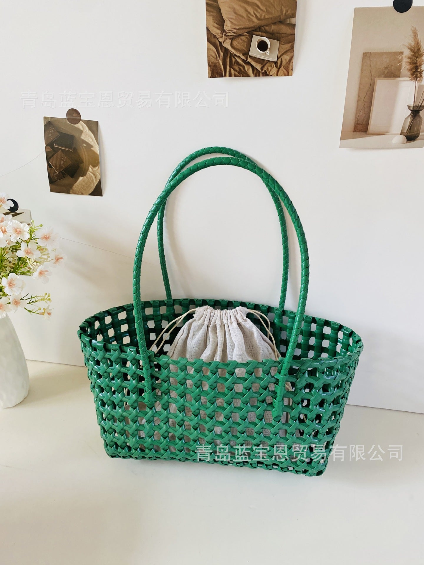 Handbag Weaving Hollow Vegetable Basket Bag PVC Commuter Tote Straw Bag