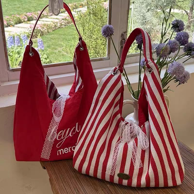 Striped Canvas Tote Bag for Women Summer Casual Large Capacity Shoulder Bag with Lace Detailing