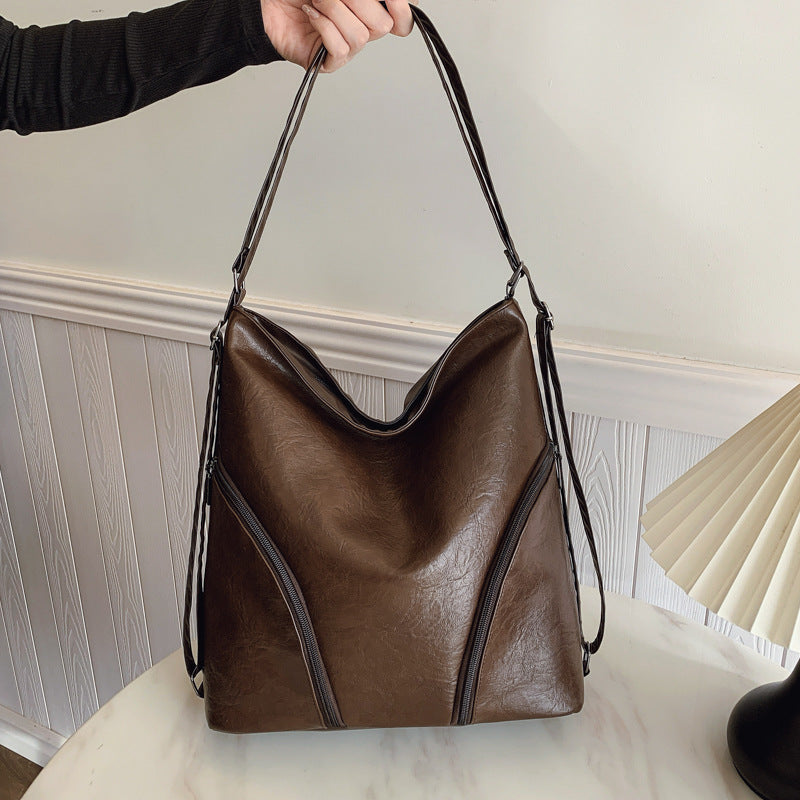 Vintage Fashion Large Capacity Soft PU Shoulder Bag with Zipper Closure and Stylish Stitching Details
