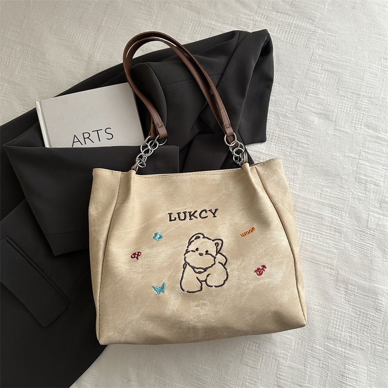 Cute Cat Print Tote Bag with Cloud Charm 2026 Spring New Korean Style Large Capacity Simple Shoulder Bag for Daily Use