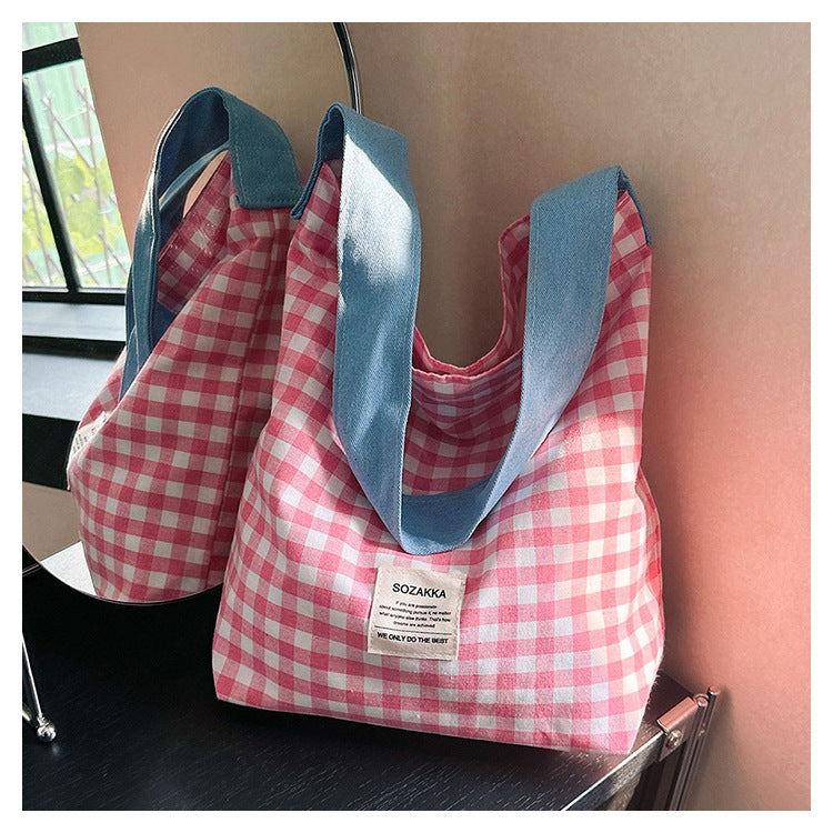 Cute Checkered Canvas Tote Bag with Colorful Handles for Daily Use and Shopping