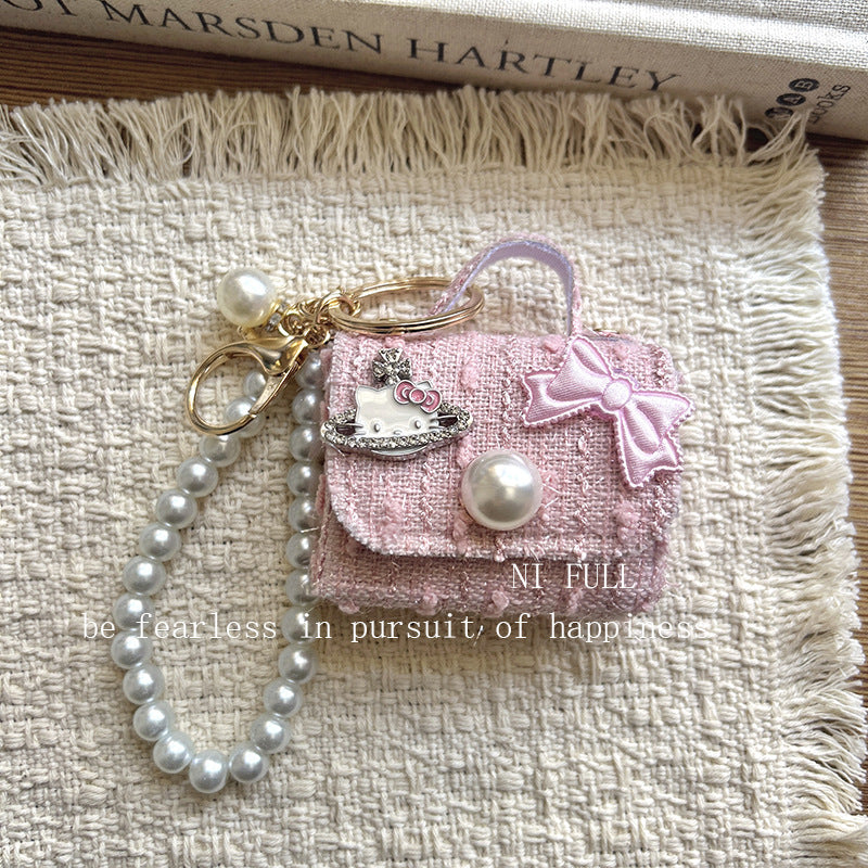 Korean Style New Retro Dots Cartoon Cat Lipstick Pack Pearl Exquisite High Sense Versatile Pendant Keychain for Women