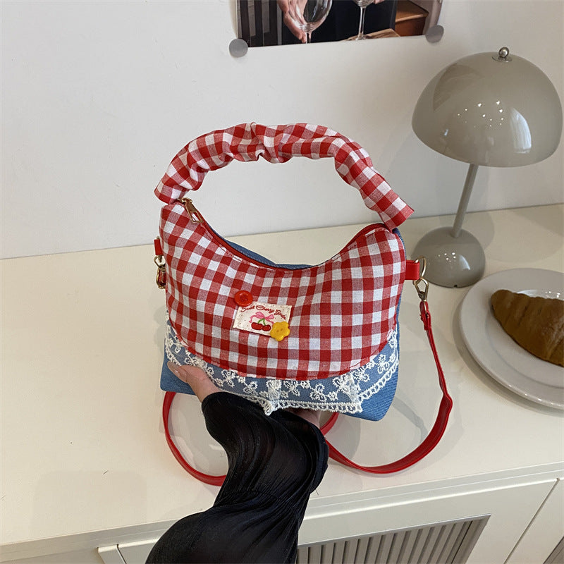 Korean Style Checkerboard Crossbody Bag 2025 Summer New Fashion Casual Simple Shoulder Bag with Lace Trim and Cherry Patch