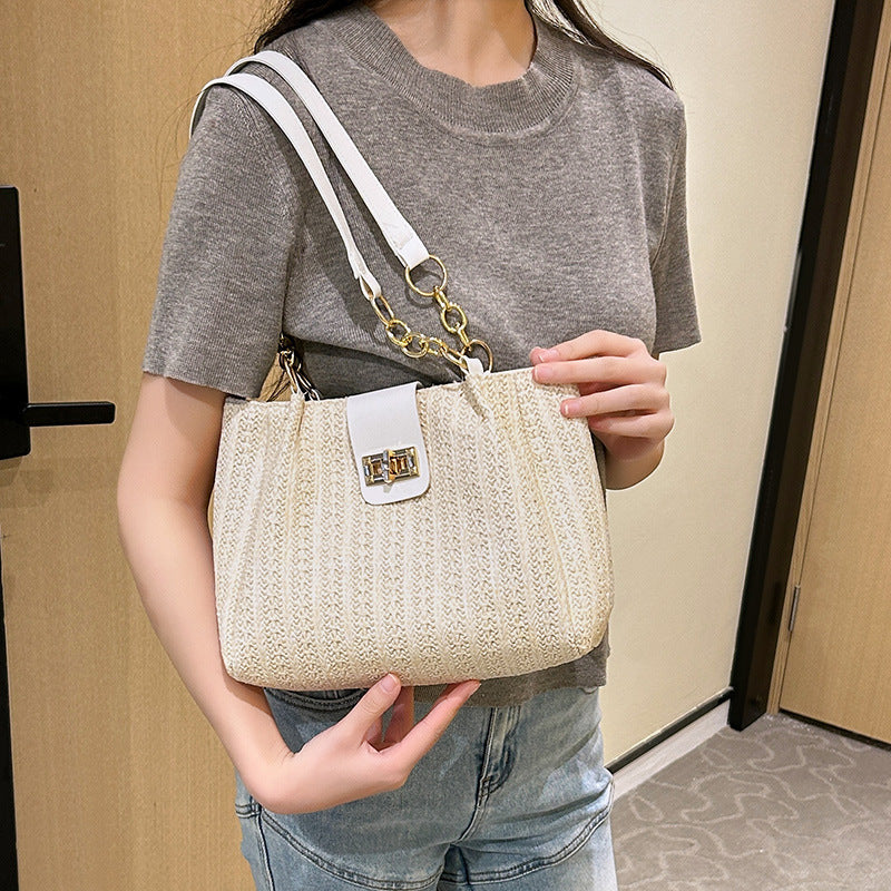 Spring New Women's Classic Style Straw Shoulder Bag Wide Shoulder Strap Large Capacity Commuter's All-Matching Fashion Design Daily Essential