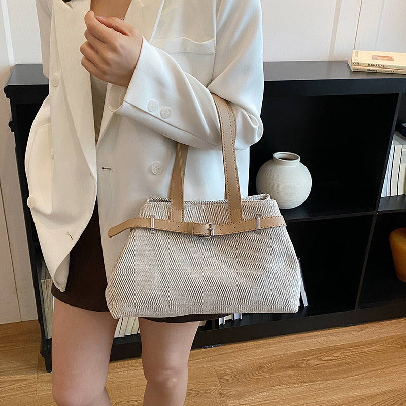 High-Grade Simple Commute Tote Bag Women's New Large Capacity Magnetic Snap Shoulder Handbag Knitted Fabric Design