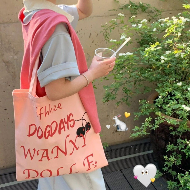 Casual Style Printed Letter Tote Bag for Women, Large Capacity Canvas Shoulder Bag, Perfect for School and Commuting