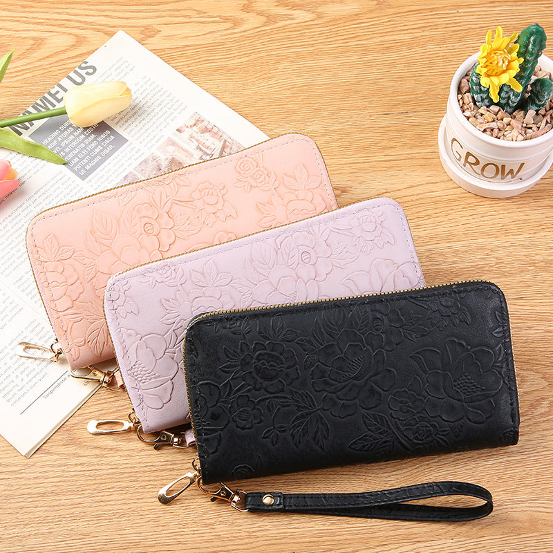 Elegant Floral Embossed Long Zipper Wallet with Phone Pocket and Multiple Compartments for Women
