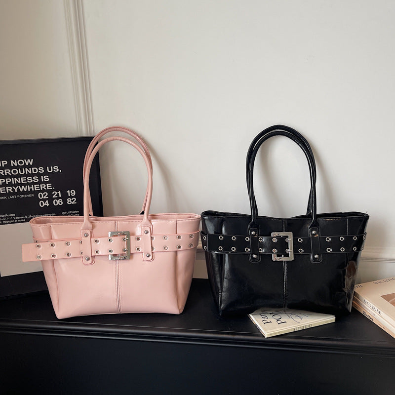 Tote Bag Women's Personality Belt Rivet Button Large Capacity Commuter Korean Style Fashion Simple Shoulder Underarm Handbag