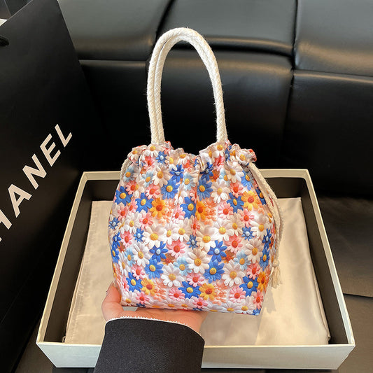 Makeup Bucket Mobile Phone Bag Female Sweet Fresh Pastoral Style Printed Tote Bag Lightweight Drawstring Bundle Bag