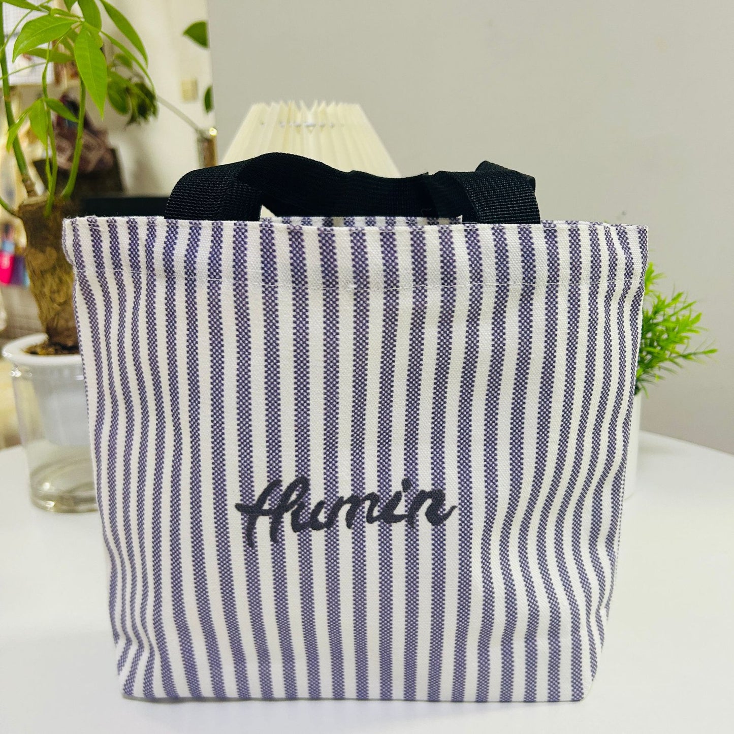Striped Canvas Tote Bag with Custom Embroidery for Daily Use and Commuting