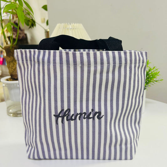 Striped Canvas Tote Bag with Custom Embroidery for Daily Use and Commuting