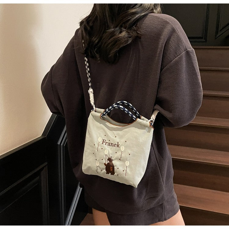 Cute Embroidered Nylon Crossbody Phone Bag Daily Commuter Bear Pattern Design