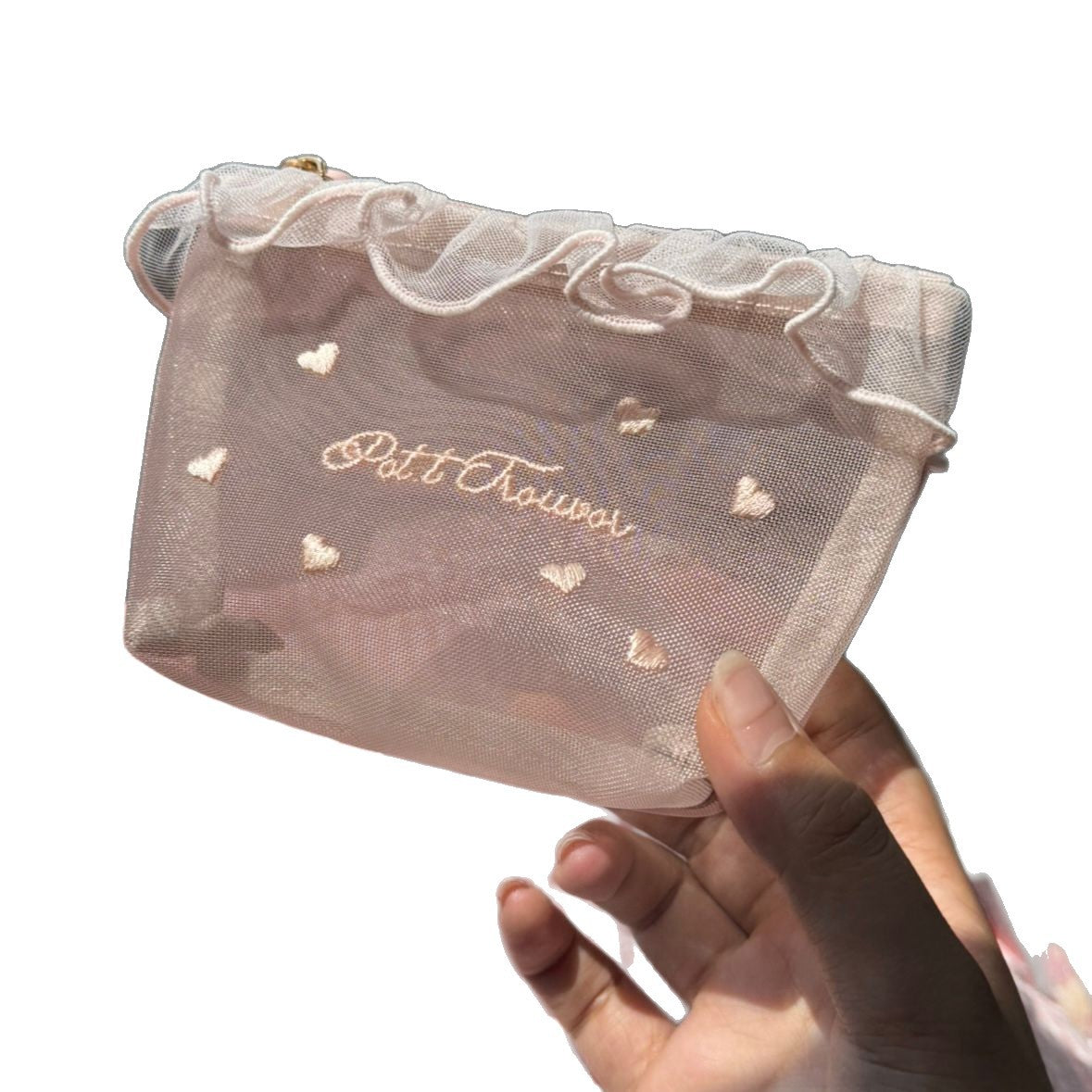 Girl's Mesh Love Embroidery Portable Clear Cosmetic Bag Cute Tissue Bag Makeup Storage Bag