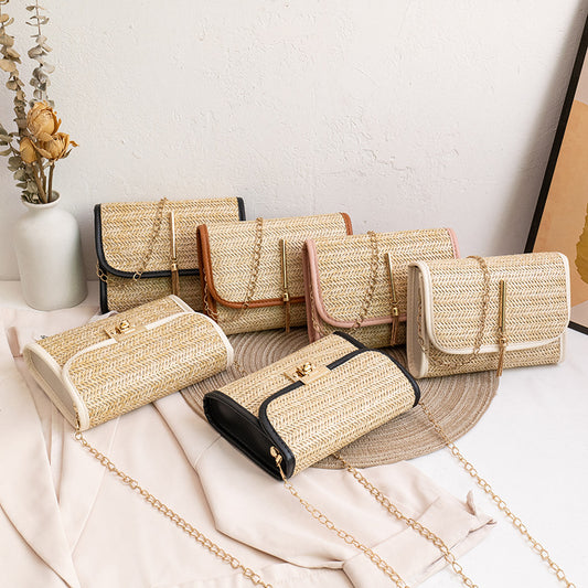 Straw Bag Women's Trendy All-Match Woven Small Square Bag New Tassel Chain Bag