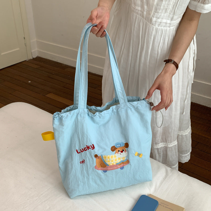 Cute Embroidered Puppy Tote Bag for Women, Large Capacity Shoulder Bag with Drawstring Closure, Perfect for Daily Commute and School