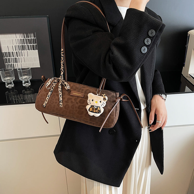 Vintage Leopard Print Shoulder Bag for Women 2025 New Fashion Large Capacity Crossbody Bag with Hello Kitty Embroidery