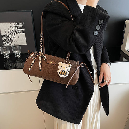 Vintage Leopard Print Shoulder Bag for Women 2025 New Fashion Large Capacity Crossbody Bag with Hello Kitty Embroidery
