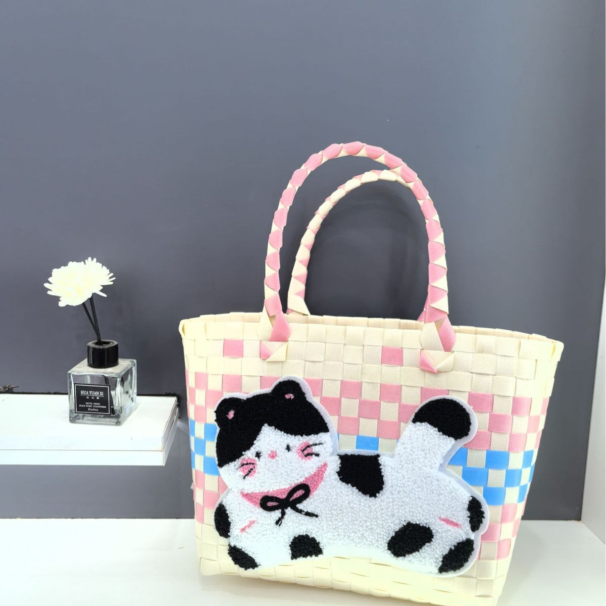 Spring Outing Picnic Bag Portable Plastic Woven Bag Large Capacity Woven Bag Cute Pink Fresh Color Matching Plaid