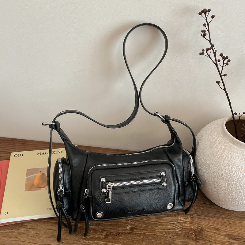 Korean Street Style Moto Bag with Rivets and Tassels, Multi-Pocket Shoulder Crossbody Bag for Daily Fashion