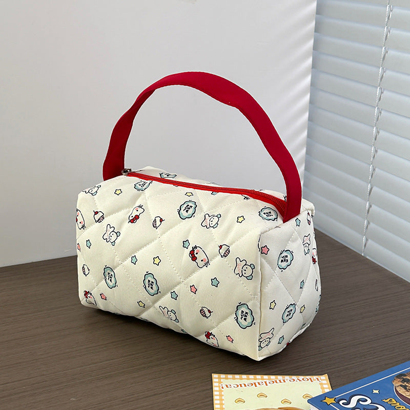 Cute Quilted Cosmetic Bag with Cartoon Print, Portable Travel Toiletry Organizer for Women