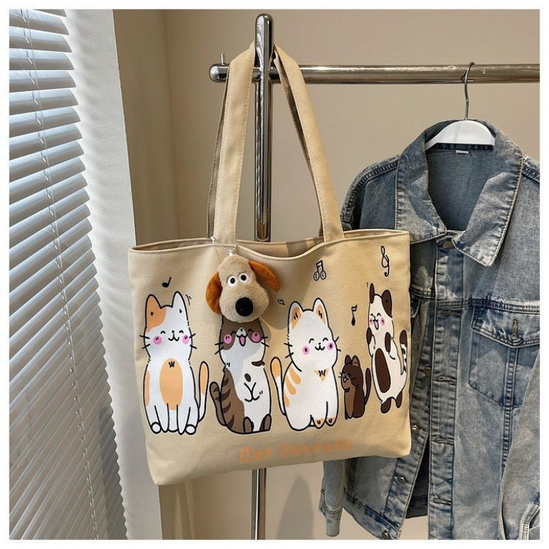 Cute Cat Cartoon Canvas Tote Bag for Women, Large Capacity Shoulder Bag with Plush Charm, Perfect for Daily Use and School