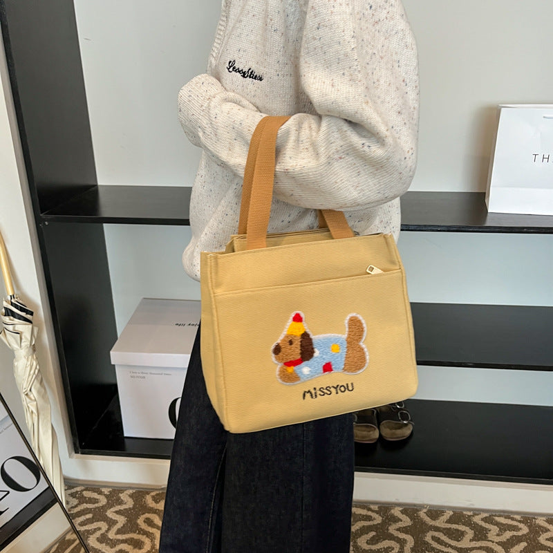 Cute Embroidered Dachshund Canvas Tote Bag for Women, Simple Daily Use Handbag with Phone Pocket and Zipper Closure