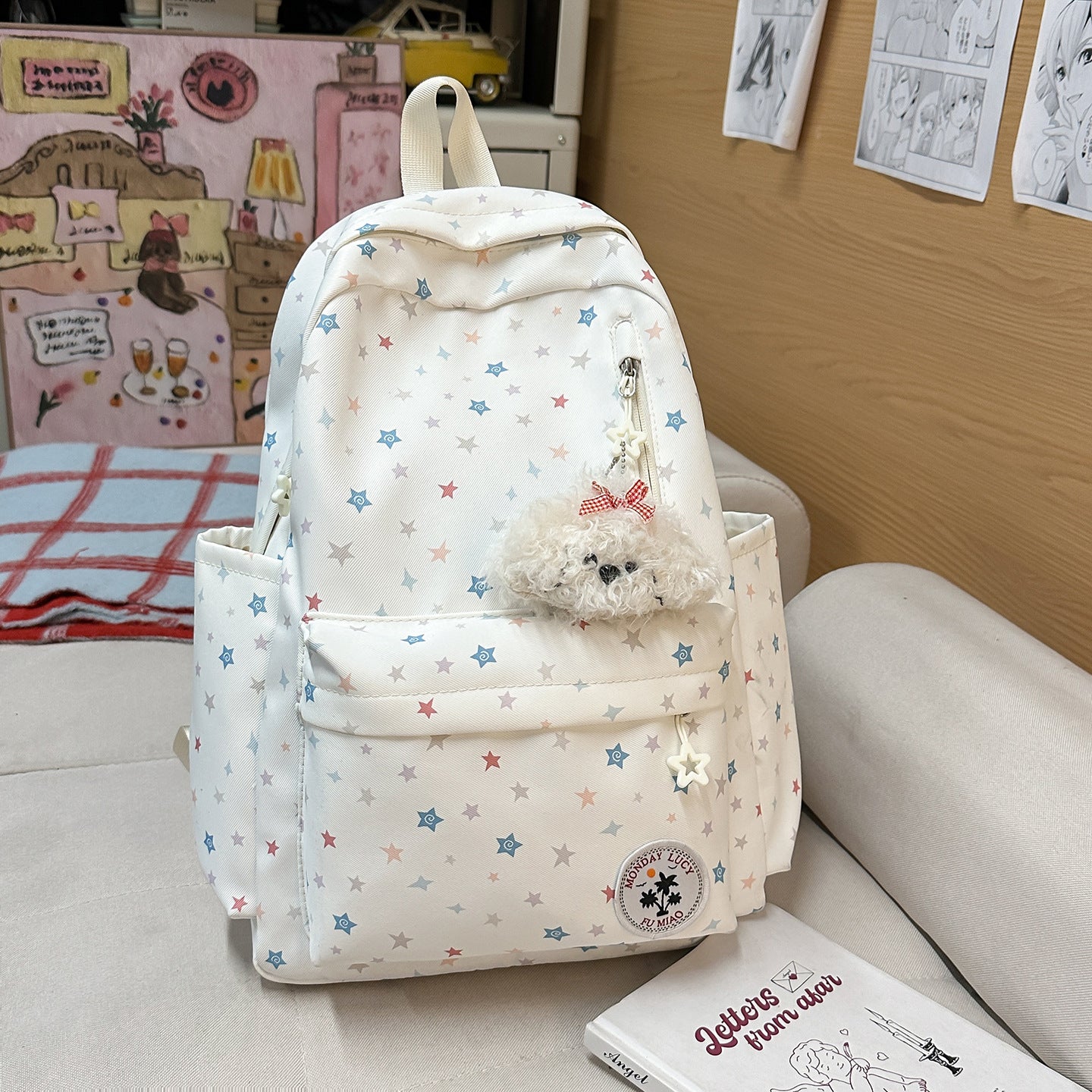 Cute Pastel Star Print Backpack for Girls, Soft Nylon School Bag with Front Pocket and Charm Design, Perfect for Elementary Students