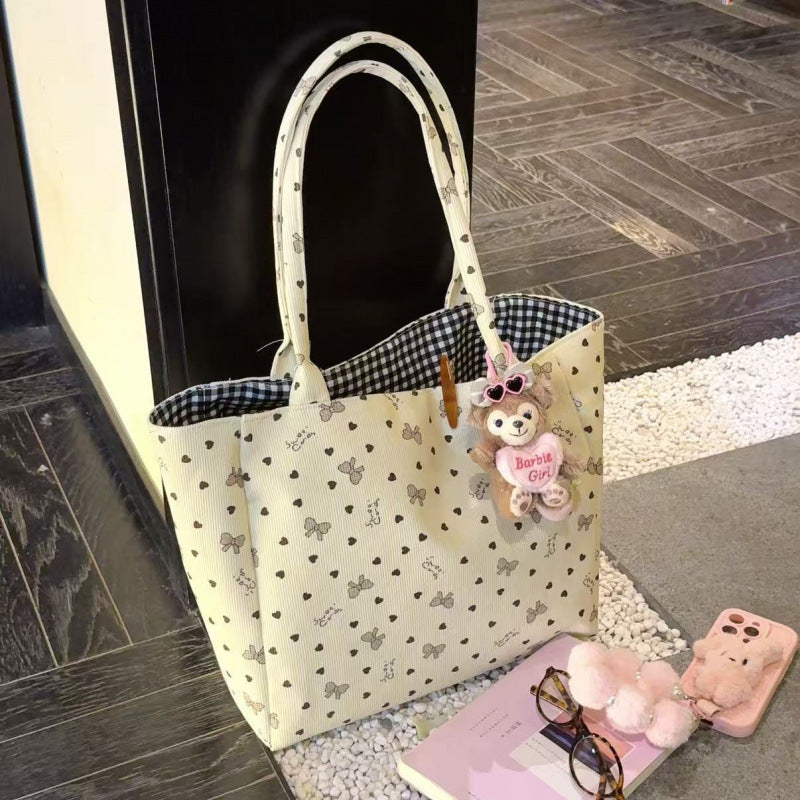 Women's Canvas Bag Large Capacity Love Heart Bow Tie New All-Match One-Shoulder Fashion Portable Commuter Tote