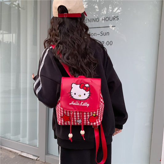 Cute Cat Flip Backpack Plaid Large Capacity Girls Schoolbag Suitable for Campus and Travel