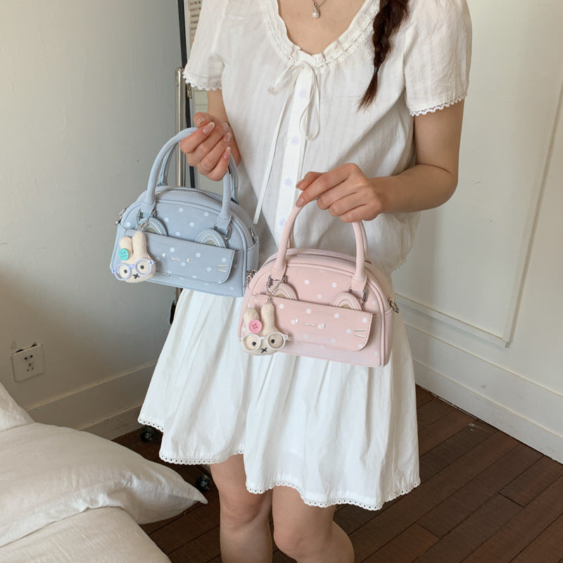 Cute Polka Dot Boston Bag with Embroidered Ears and Charm Pendant, Fashionable Crossbody Handbag for Women