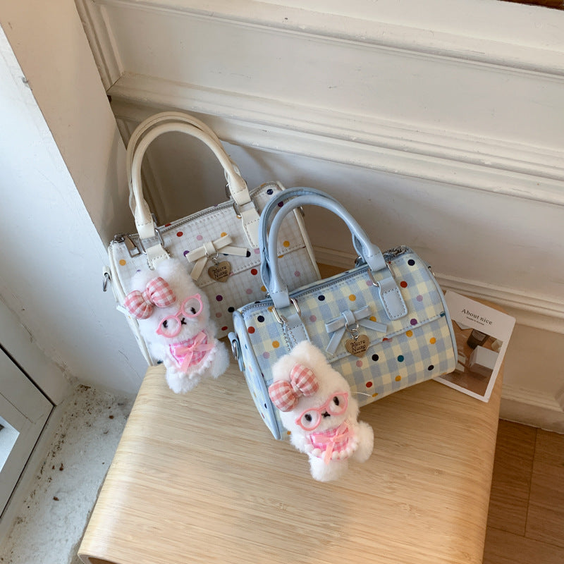 Cute Korean Summer Handbag with Polka Dot Bowknot Design, Soft Cylinder Shape Tote for Daily Use