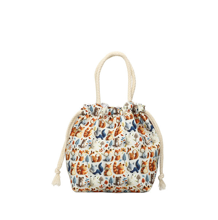 Makeup Bucket Mobile Phone Bag Female Sweet Fresh Pastoral Style Printed Tote Bag Lightweight Drawstring Bundle Bag