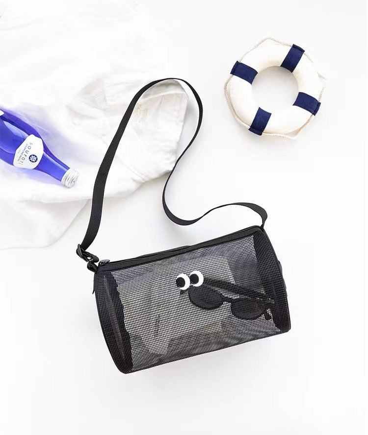 Cylinder Mesh Cosmetic Bag Travel Crossbody Beach Swimming Bag Hollow Toiletries Storage Bag Sundries Organizing Bag
