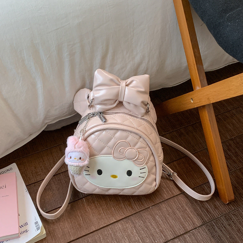 Cute Hello Kitty Quilted Backpack with Bow and Ice Cream Charm, Perfect for Daily Use and Outings