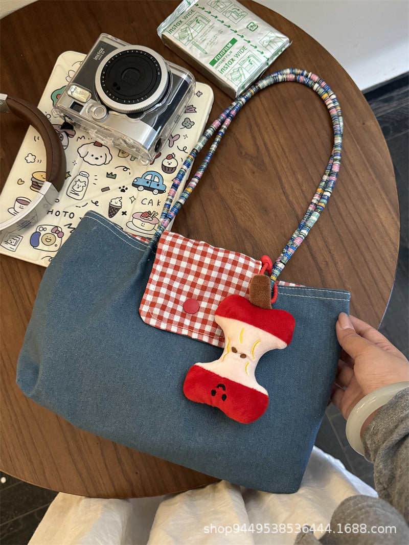 New Large Capacity Denim Shoulder Portable Checked Canvas Bag All-Match Commute Retro Casual Tote Bag Women