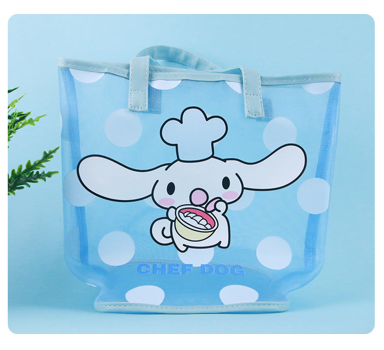 Cute Bear Embroidered Transparent Mesh Tote Bag for Daily Use and Beach Outings