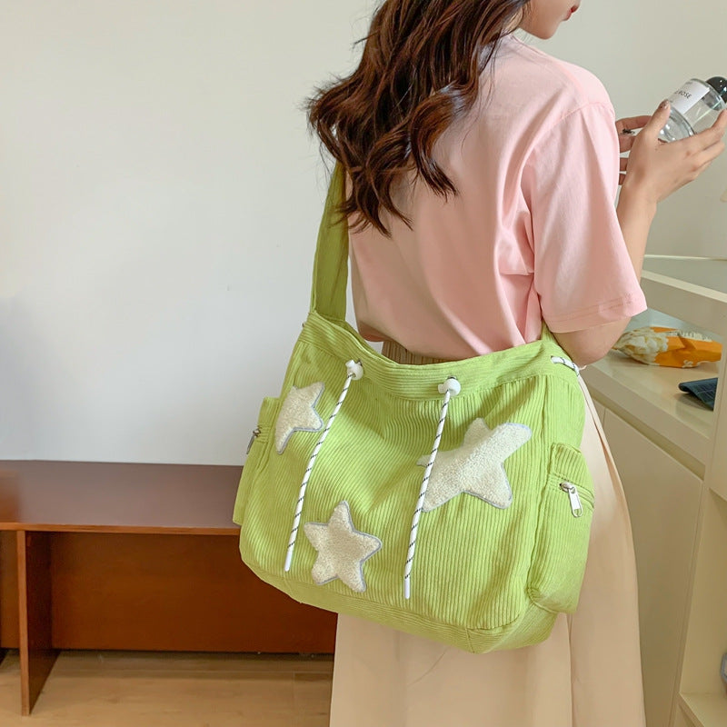 Cute Star-Embellished Corduroy Tote Bag for Women, Casual Daily Shoulder Bag with Zipper Pocket and Soft Design