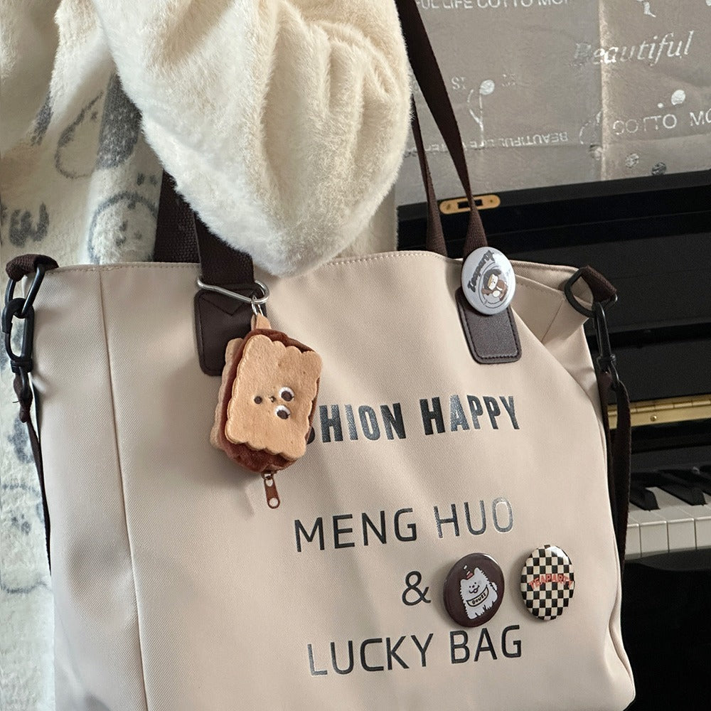 Cute Fashionable Tote Bag with Letter Print & Emoji Charms for Daily Commute and College Life