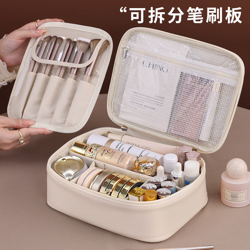 Modular Makeup Organizer with Detachable Brush Compartment, Waterproof & Stylish Cosmetic Storage Bag for Daily Use