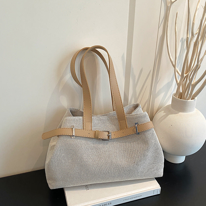 High-Grade Simple Commute Tote Bag Women's New Large Capacity Magnetic Snap Shoulder Handbag Knitted Fabric Design